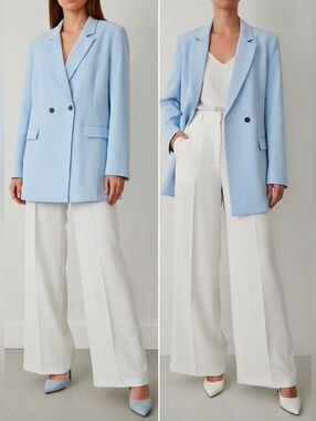 New! Lattelier Double Breasted Midi Suit Jacket Pastel Baby Blue Blazer